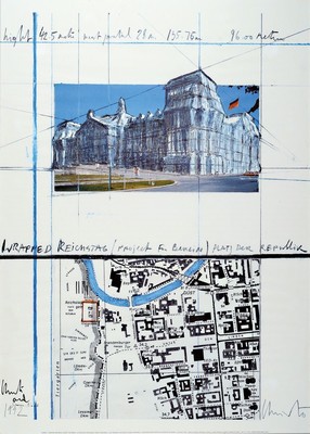 Christo & Jeanne-Claude, 1935-2020/2009, Collage: Wrapped Reichstag. Project for Berlin (1992), Farboffset, im Druck signiert u. datiert 1992, ...
