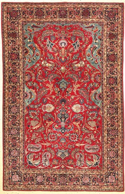Feiner Keschan Kork, Zentralpersien, um 1910/1920, Korkwolle mit Seide geknüpft auf Baumwolle, ausgefallenes Muster und Farbkombination, ca. 215 x ...