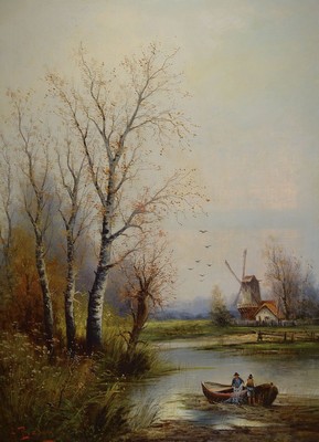 F. Bader, deutscher Künstler, Ende 19. Jh., Flußlandschaft mit Ruderboot und Windmühle im Hintergrund, stark von den niederländischen Malern ...