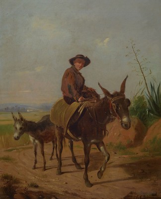 F.C. Bejarano, spanischer Genre- und Landschaftsmaler des 19.Jh., andalusischer Bauer auf einem Mulito, charakteristische Genreszene im Stil des ...