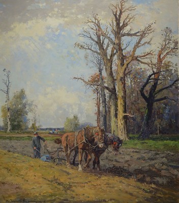 Karl Mohr, 1922 Düsseldorf-2013, vorwiegend Sujets aus der niederdeutschen Heimat, hier: mit einem Pferdefuhrwerk pflügender Bauer, ...