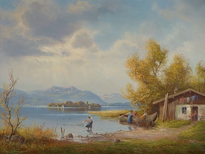 Hans Wagner, 1902-1980 München, Fischer an einem oberbayerischen See, Öl/Lwd, links unten signiert, ca. 60x80cm, R. ca. 777x97cm