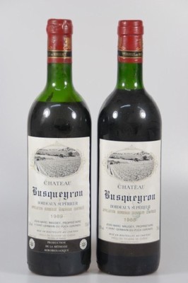 15 Fl. Chateau Busqueyron, Bordeaux Superieur: 13 x 1989 und 2 x 1988, Jean-Marc Maugey, upper shoulder bis top shoulder, teilweise Etiketten fehlend ...