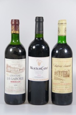 5 Flaschen Bordeaux: 2003 Mouton Cadet, vts; 2003 Baron Mouton de Rothschild Syrah u. 2002 Merlot, bn; 1989 Chateau Anniche, Premiere ...