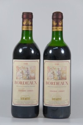 17 Fl. 1986 Chateau Cheret, Dourthe, Bordeaux, 75 cl., upper shoulder bis top shoulder, l. Alters- und Gebr.-spuren, nicht verkostet, aus einer ...