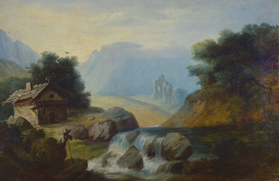 Unbekannter Romantiker des ausgehenden 18.Jh ., idealisierte Naturlandschaft, überzeitlicher Charakter des Wasserfalls im Vordergrund kontrastierend ...