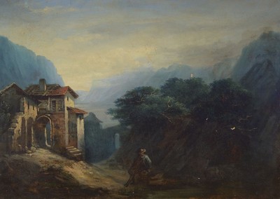 Unbekannter Romantiker des ausgehenden 18.Jh. , idealisierte Landschaft, Wanderer als Repoussoir im Verweis auf das Motiv der Sehnsucht u. ...