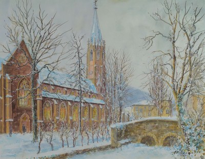 Heiner Deege, 1920-2007 Haßloch, 2 Aquarelle, beide signiert: Marienkirche in Neustadt im Winter, ca. 50x63cm, PP, u.Gl., R. ca. 71x84cm und ...
