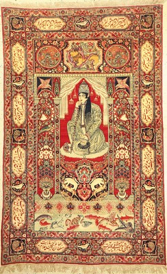 Seltener antiker Kerman, Persien, 19.Jhd, Wolle geknüpft auf Baumwolle, antiker Kerman mit Derwisch Motiv, seltene Tierdarstellungen, ca, 220 x 140 ...