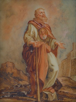 Hinterglasmalerei, wohl Augsburg, um 1730/40, wohl Simon Petrus mit Christus "im Herzen", linker Fuß auf Fels ruhend, dieser als Symbol ...