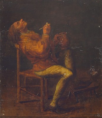 Unbekannter niederländischer Meister des 17.Jh. nach dem Vorbild Adriaen Brouwers (1605 -1638), Genre-/Wirtshausszene, ausgelassener Bauer mit Krug ...