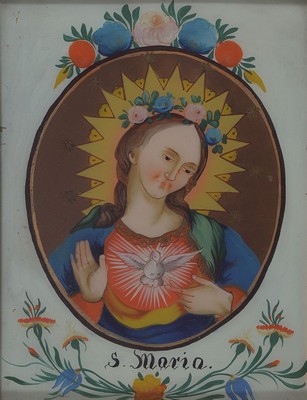 Hinterglasbild, deutsch, um 1830/40, Brustbild Mariae Empfängnis, polychrome Hinterglasmalerei, l. Farbverluste, bez., in Holzrahmen, ca. ...