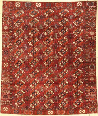 Antiker Tekke Hauptteppich, Turkmenistan, 19. Jhd, Wolle geknüpft auf Wolle, ca. 222 x 184 cm, EHZ: 3(Altersbedingt guter Zustand).