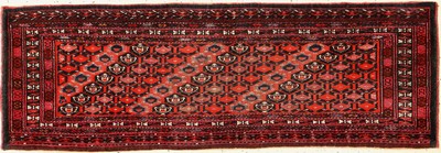 Antiker Saryk Torba, Turkmenistan, 19. Jhd,Wolle geknüpft Wolle, ca. 117 x 40 cm, (weißenBaumwoll-Highlights), EHZ: 3(Altersbedingt gutr Zustand).