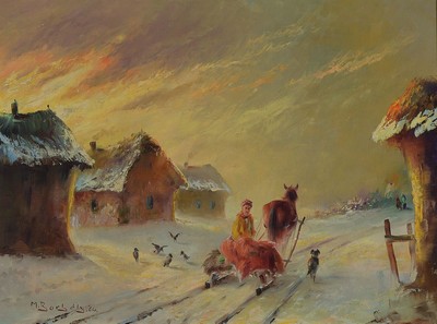 Michael Borbely, geb. 1923 in Ungarn, Schlittenfahrt, Öl/Lwd, signiert und dat. 64 cm, ca. 61 x 81 cm, Rahmen: 74 x 98 cm