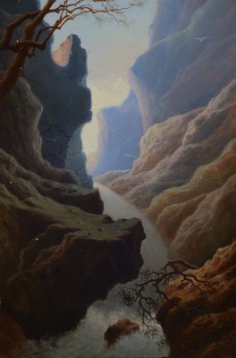 Wohl skandinavischer Künstler des 19.Jh., Ansicht einer Schlucht, verso auf Malkarton unleserlich bez. Sinding, Öl/Lwd/Malkarton, unsigniert, ...
