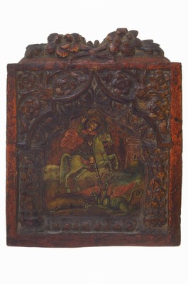 Ikone, Griechenland/Balkan, um 1900, Heiliger Georg der Drachentöter, Holz geschnitzt, polychrome Bemalung, Einfassung mit floralem Dekor, ...