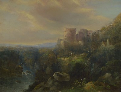 Unbekannter Künstler, deutsch, Mitte 19. Jh., Landschaft mit Burg und darunter liegendem Tal, Öl/Lwd, rest., ca. 30x40cm, R. ca. 42x52cm