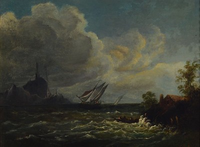 Monogrammist L.J. mit Anker, Mitte 19. Jh., Segelschiff auf stürmischer See vor der Küste, Öl/Lwd, rechts unten monogr., ca. 33x40cm, R. ca. ...