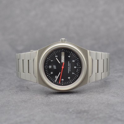ORFINA / PORSCHE DESIGN Armbanduhr, Schweiz 1990er Jahre, Automatik, matt. Edelstahlgeh. inkl. Gliederband, Boden verschr., schwarzes Zifferbl. m. ...
