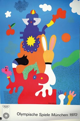 Mappe mit 28 Kunstdrucken zu den Olympischen Spielen 1972 in München, Plakatgröße, u.a. Wesselmann, Hockney, Antes, Marini, Vasarely ...