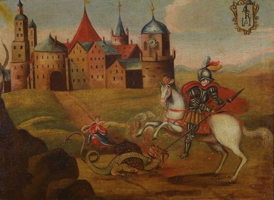 Unbekannter Künstler, deutsch, um 1760-1780, Der Heilige Georg tötet den Drachen, im Hintergrund eine Kathedrale, Öl/Lwd, ca. 47x64cm, R. ca. ...