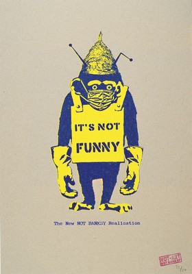 Not by Banksy by the Real Not Banksy Realisation, "It´s Not Funny", Farbsiebdruck/Pappe, 2020, num. 32/50, verso sign., Stemple, inkl. ...