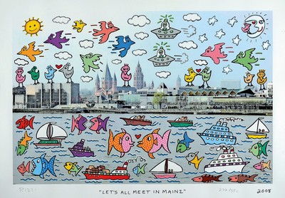 James Rizzi, 1950-2011, "Lets all meet in Mainz", handsign., num. 272/350, dat. 2008, unter Glas gerahmt, ca. 102x79 cm