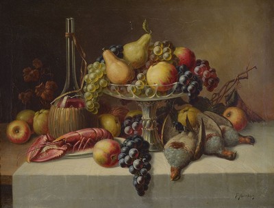 F. Auerbach, deutscher Künstler des 19.Jh., reiches Früchtestillleben m. Wein-Korbflasche, Hummer u. Truthennen, offenbare memento mori -Symbolik, ...