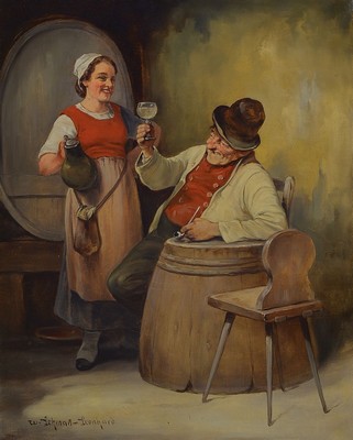 Wilhelm Lehmann-Leonhard, 1877-1954, Im Weinkeller, während der Weinprobe, links unten signiert, Öl/Lwd, R., ca. 50x40/75x63 cm