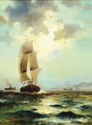 Serguei Tzyon, geb. 1962, rekurriert in seiner Malerei auf Sujets der klassischen Kunst, hier: maritime nächtliche Szene, Zweimaster kreuzt vor ...