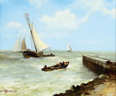 Serguei Tzyon, geb. 1962, rekurriert in seiner Malerei auf Sujets der klassischen Kunst, hier: maritime Szene, Schoner u. Ruderboot vor der Küste, ...