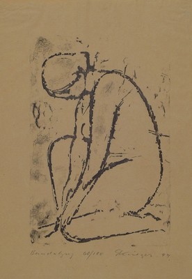 Emil Krieger, 1902-1979, kniender Akt, Lithographie, signiert und dat. 49, bez.: Handabzug, num. 60/100, leicht gebräunt, ca. 24x16cm, u.Gl., R. ca. ...