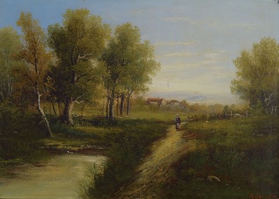Hildegard Lehnert, 1857-1943 Berlin, Landschafts- und Stilllebenmalerin, Schülerin von Gussow und Yon in Paris, hier: Landschaft mit Bäumen, Teich ...