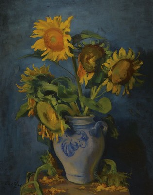 Willi Egler, 1887 Bad Rappenau-1953 Karlsruhe, Stillleben mit Sonnenblumen im Westerwälder Steinzeugkrug, Öl/Lwd, links unten signiert, ca. ...