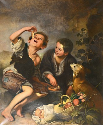 Unbekannter Künstler, um 1900, qualitätvolle Kopie des Gemäldes "Melonenesser" von Bartolome Murillo, Öl/Lwd, ca. 125x103 cm, mit 11 cm ...