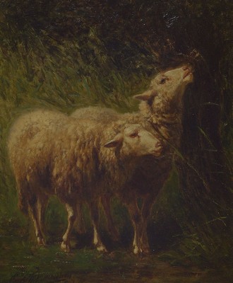 Edouard Woutermaertens, 1819 Kortrijk (Belgien) - 1897 ebenda, belgischer Tiermaler, Schüler von Louis Robbe (1806-1887), zwei Schafe im hohen Gras, ...