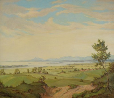 Wilhelm Krug, Künstler des 20.Jh., weite Seenlandschaft, links unten signiert, Öl/Lwd, R., 69x80/84x94 cm