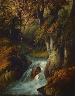 Rudolf Volmar, 1804 Bern - 1846 Besancon, Schüler des Vaters Georg Volmar, hier: Wasserlauf wohl des Gießbachs im Berner Oberland, umgebender Wald ...