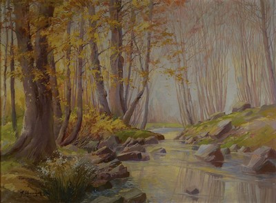 Unbekannter Künstler der Mitte des 20.Jh., Bachlauf in herbstlicher Waldlandschaft, Öl/Lwd, links unten signiert, R., ca. 61x80/69x89 cm