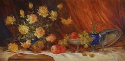 Nicole Parisini, geb. 1924, Stillleben mit Blumen, Obst, Kanne, Glas und Teller, Öl/Lwd, rechts unten signiert, ca. 50x100cm, R. ca. 62x112cm