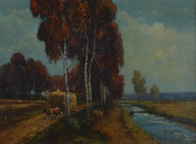 Alfred Schweitzer, 1882-1960, Landschaft mit herbstlicher Birkenallee, Bachlauf und Heuwagen, Öl/Lwd, rechts unten signiert, ca. 52x71cm