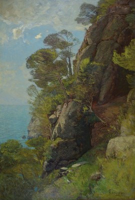 Gustav Schönleber, 1851 Bietigheim/Württemberg- 1917 Karlsruhe, "Montefino", dramatische Küstenlandschaft mit kühner Perspektive, ...