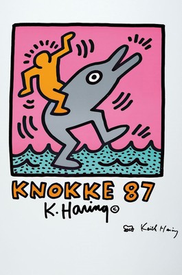 Keith Haring, 1958-1990, Knokke 87, Poster, handsigniert und mit kleiner Baby- Zeichnung versehen, Blattgr. ca. 72x52cm