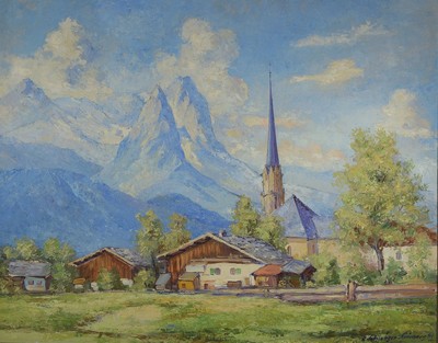 Alfred Schwäger-Crimoso, 1902 Ludwigshafen-1960 Ziegelhausen, Alpenlandschaft, Öl/Sperrholz, signiert, ca. 80x100cm, R. ca. 92x112cm, dieser besch.