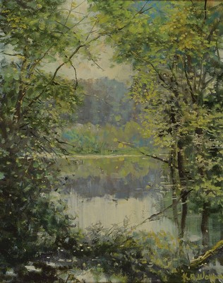 Karl August Wolff, geb. 1938 Ludwigshafen am Rhein, lebt und arbeitet in Offenbach a.d. Queich, hier: Altrheinlandschaft, Öl/Lwd, rechts unten ...