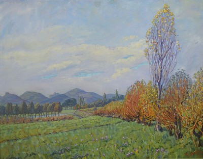 Heinrich Strieffler, 1872 Neustadt - 1949 Landau, Landschaft an der Queich, im Hintergrund der Trifels, Öl/Lwd, rechts unten signiert und dat. 40, ...