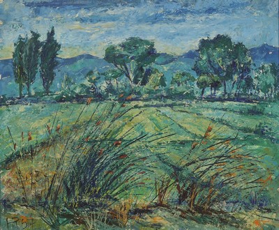 Heinz Reiss, 1923-2012 Haßloch, Landschaft mit Blick auf die Haardt, Öl/ Malkarton, links unten monogr. und dat. 67, ca. 50x60cm, R. ca. 56x66cm