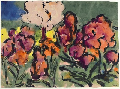 Emil Nolde, 1867 - 1956, Aquarell und Tuschpinsel auf Japanpapier, Blumenstillleben aus der Südsee, weltbekannte Reise des Künstler 1913/14, ...