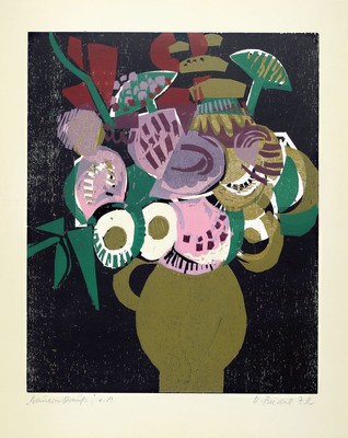 Heinz Friedrich, 1924 Schwetzingen-2018, 2 Farbholzschnitte: Truthahn, signiert, ca. 57x42cm, u.Gl., R. ca. 70x50cm; Bauernstrauß, betitelt und ...